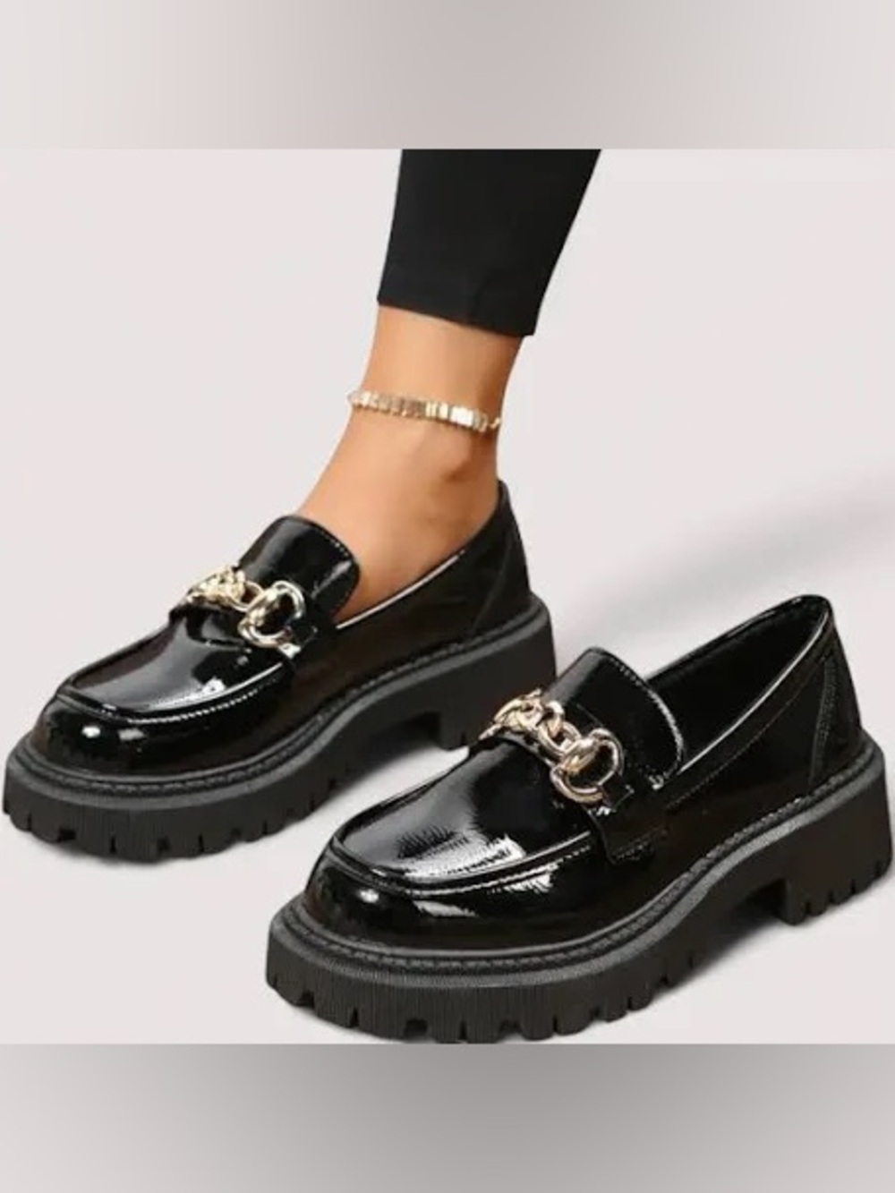 Black Patent Chunky Chain Loafers - Women